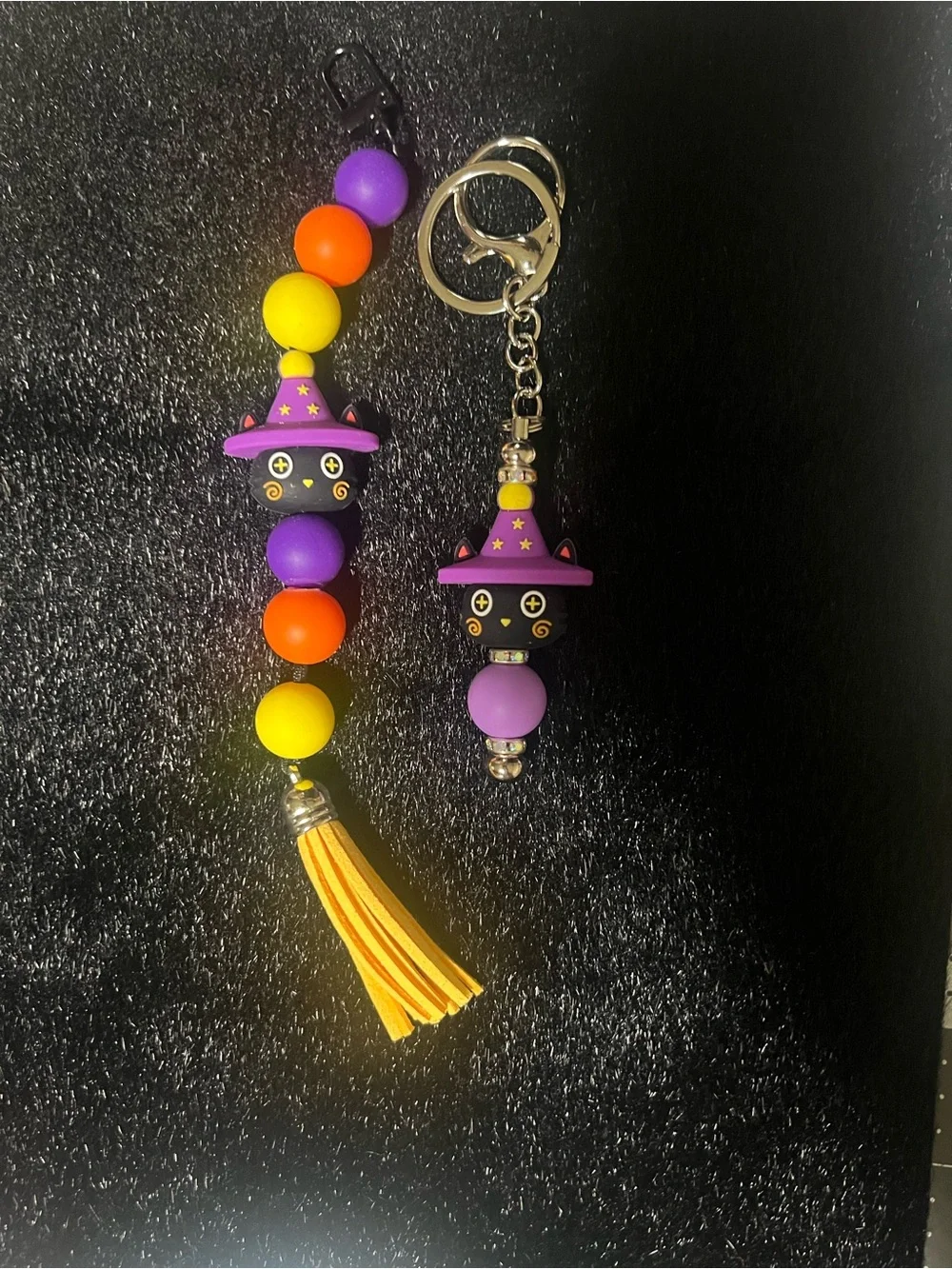 Witch Cat Bead Keychain Set — Purple, Yellow & Orange
